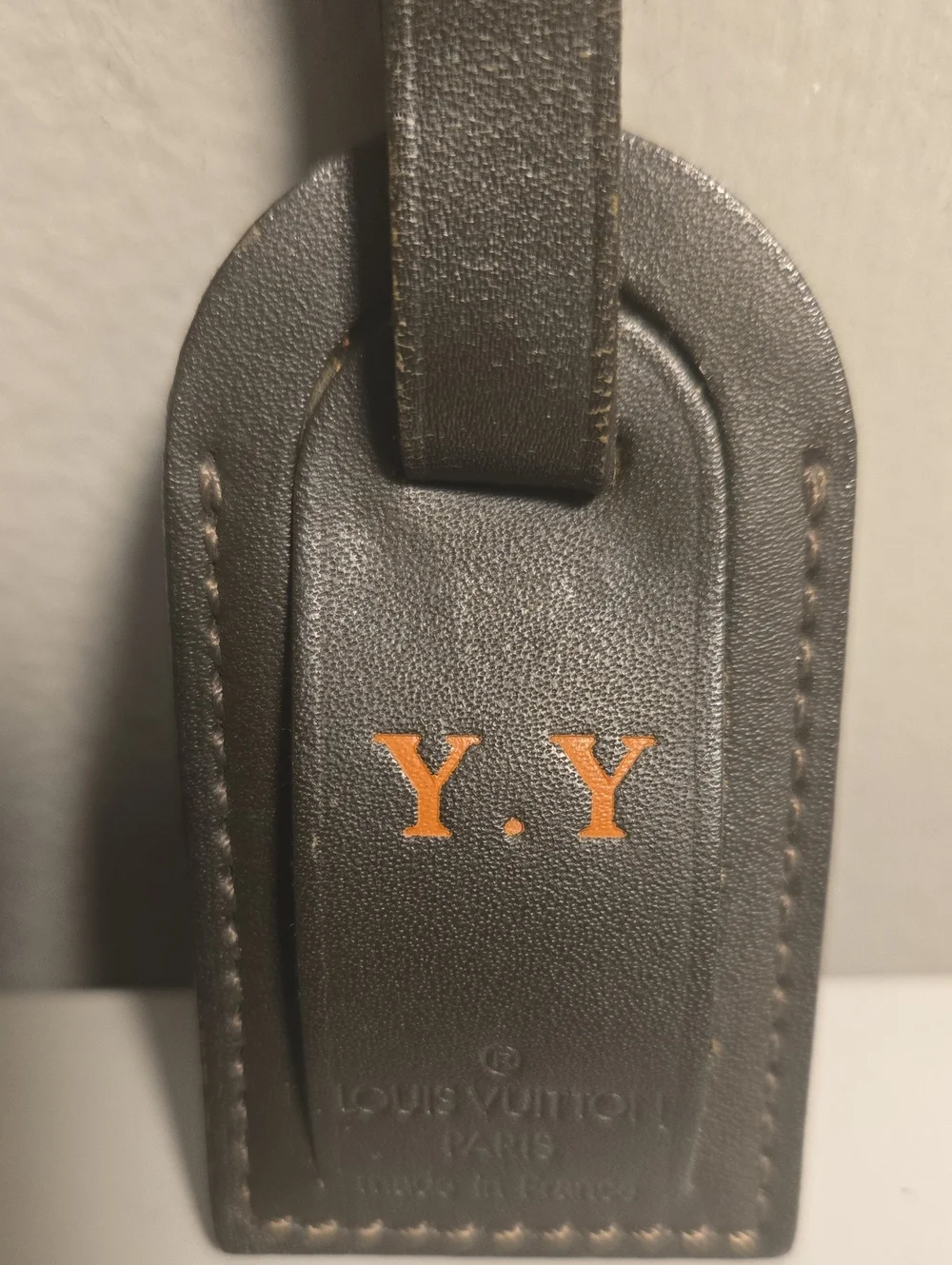 Louis Vuitton Brown Leather Luggage Tag with Orange Initials